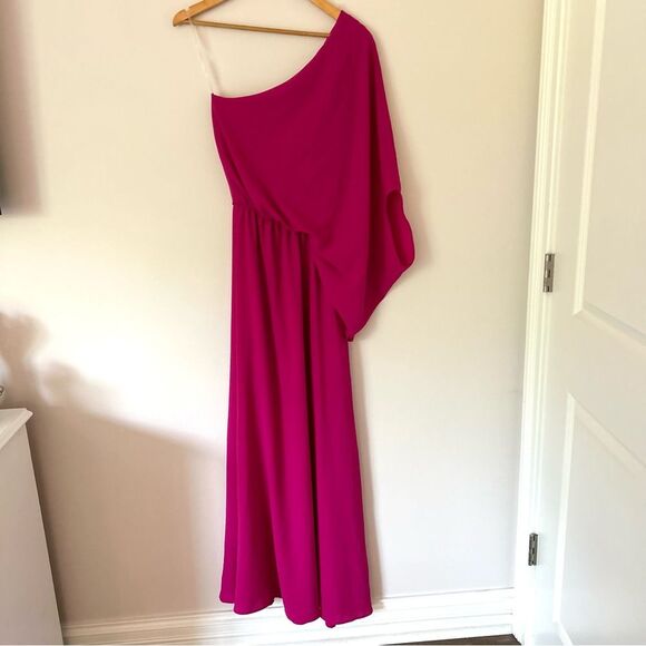 Judith March Long One Shoulder Fuchsia Draped Taffeta Evening Gown - Picture 1 of 5